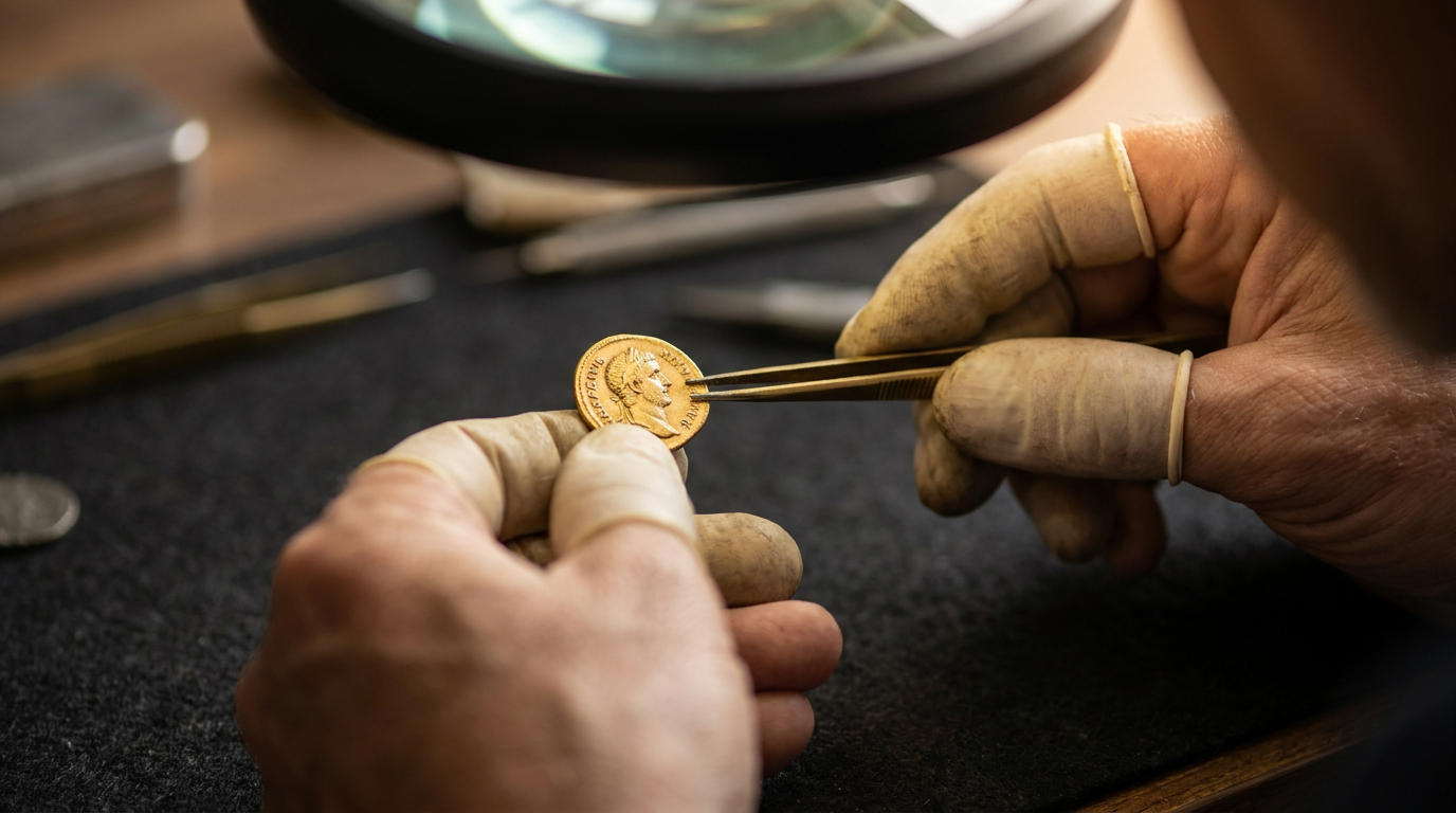 Nahaufnahme von Händen, die eine historische Goldmünze mit einer Pinzette prüfen, im warmen Licht vor dunklem Hintergrund
