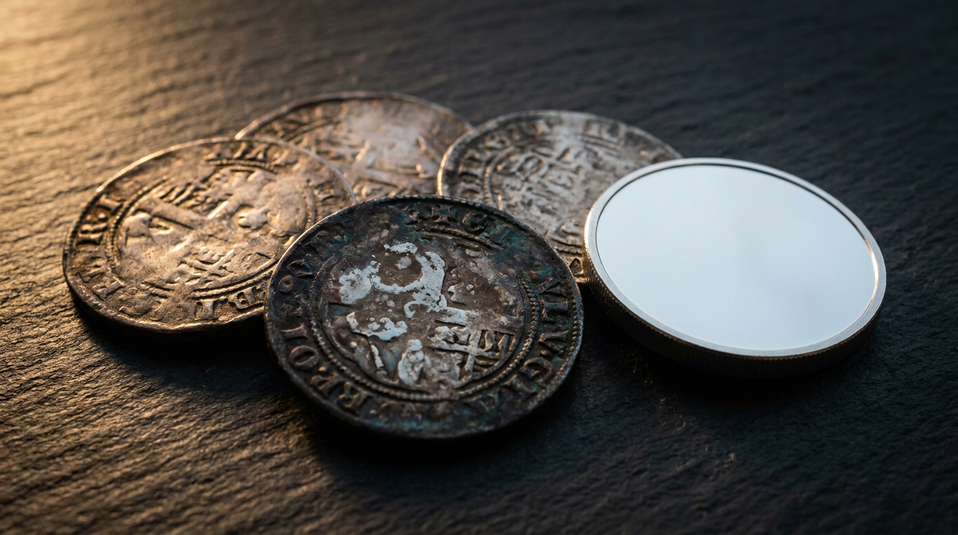 Angelaufene Silbermünzen mit dunkler Patina und Milchflecken neben einer sauberen Münze