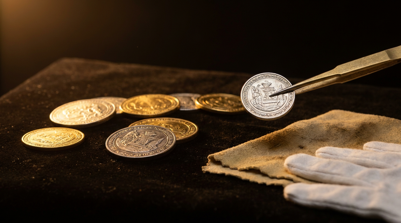 Gold- und Silbermünzen werden mit Pinzette und Poliertuch schonend gehandhabt