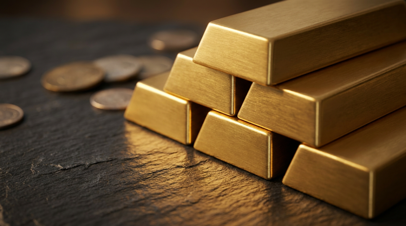 Feine Goldbarren auf einer dunklen Schieferflaeche mit warmem Licht