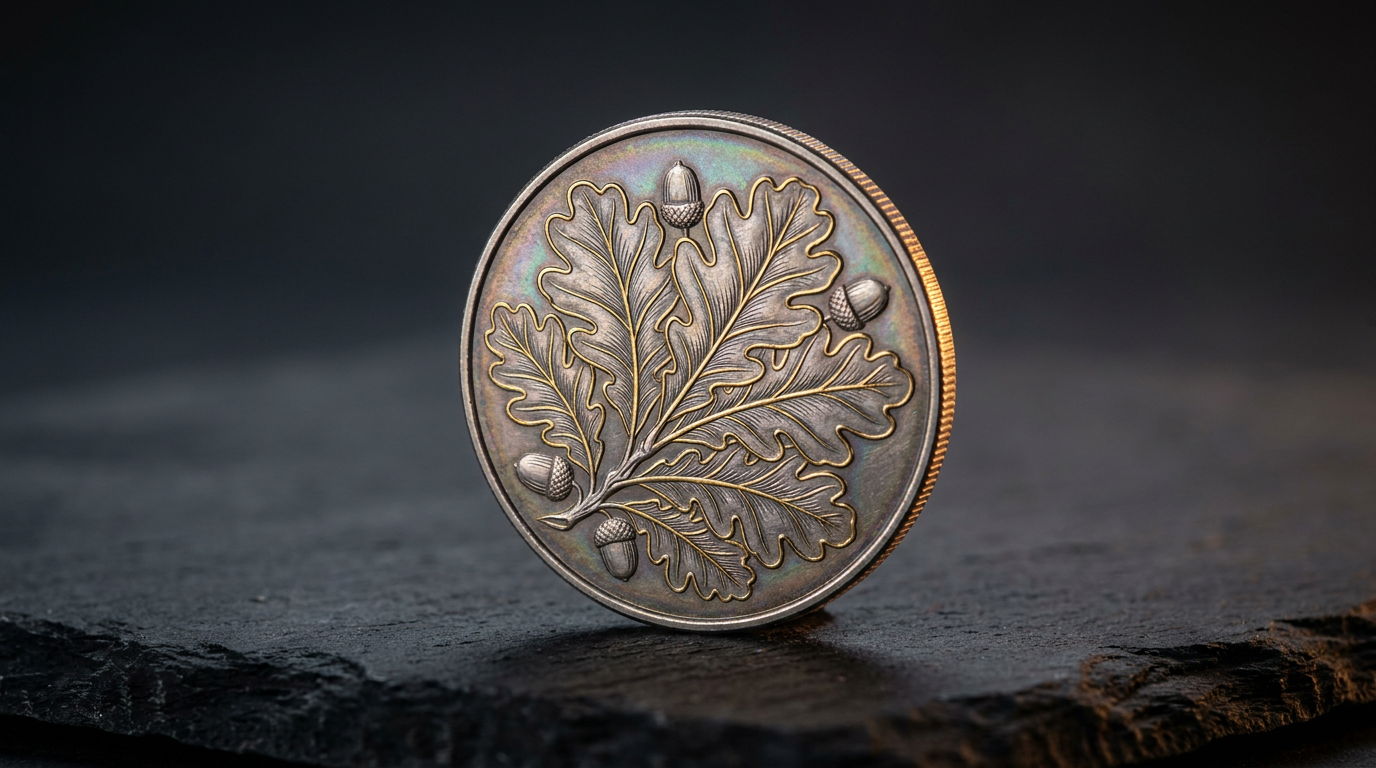 Teilvergoldete Silber-Eichenblatt-Münze 2026 mit Hologramm-Effekt in Nahaufnahme vor dunklem Hintergrund