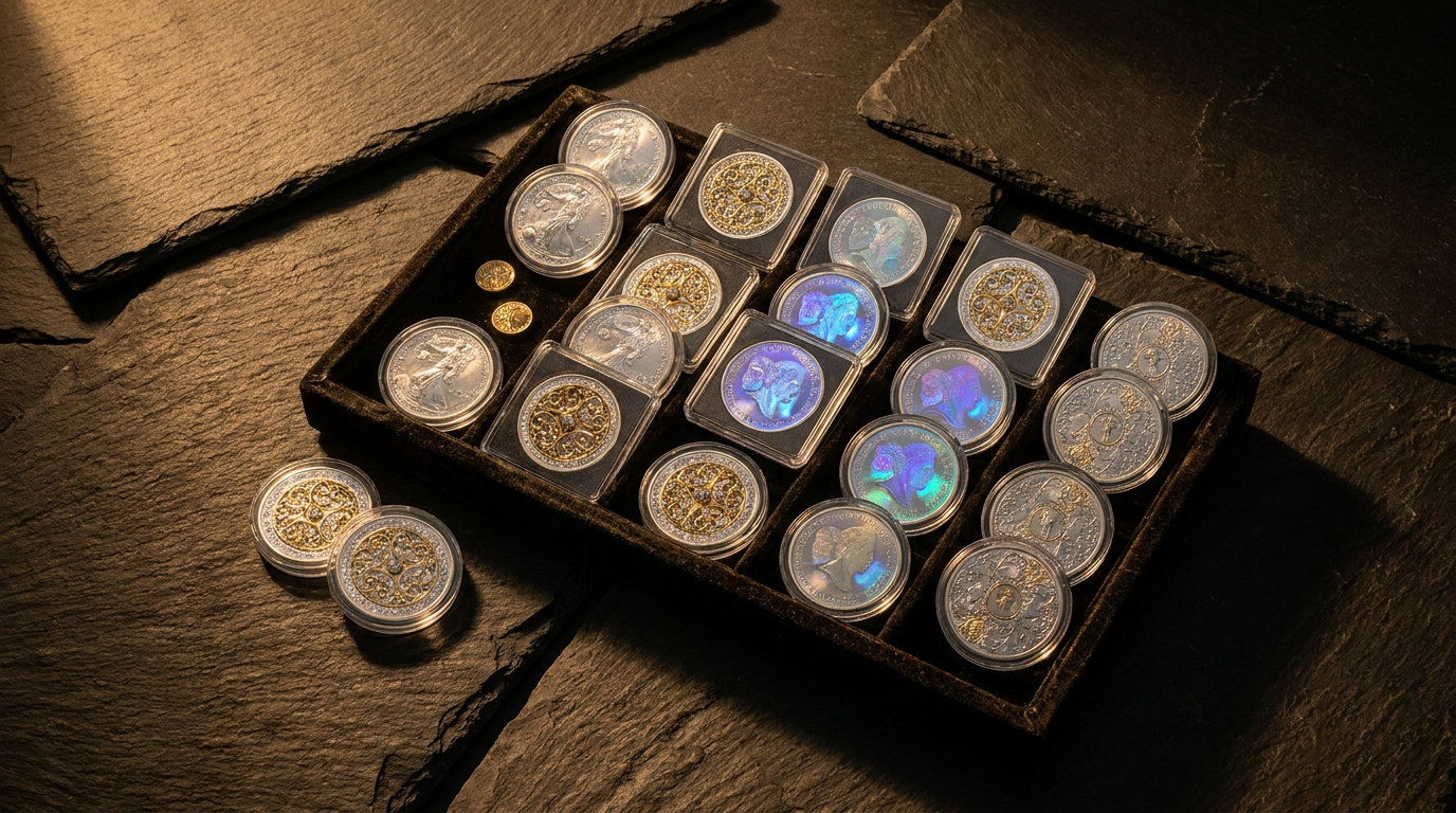 Mehrere veredelte Silbermünzen mit Iced-Out- und Hologramm-Varianten in Münzkapseln auf dunklem Untergrund