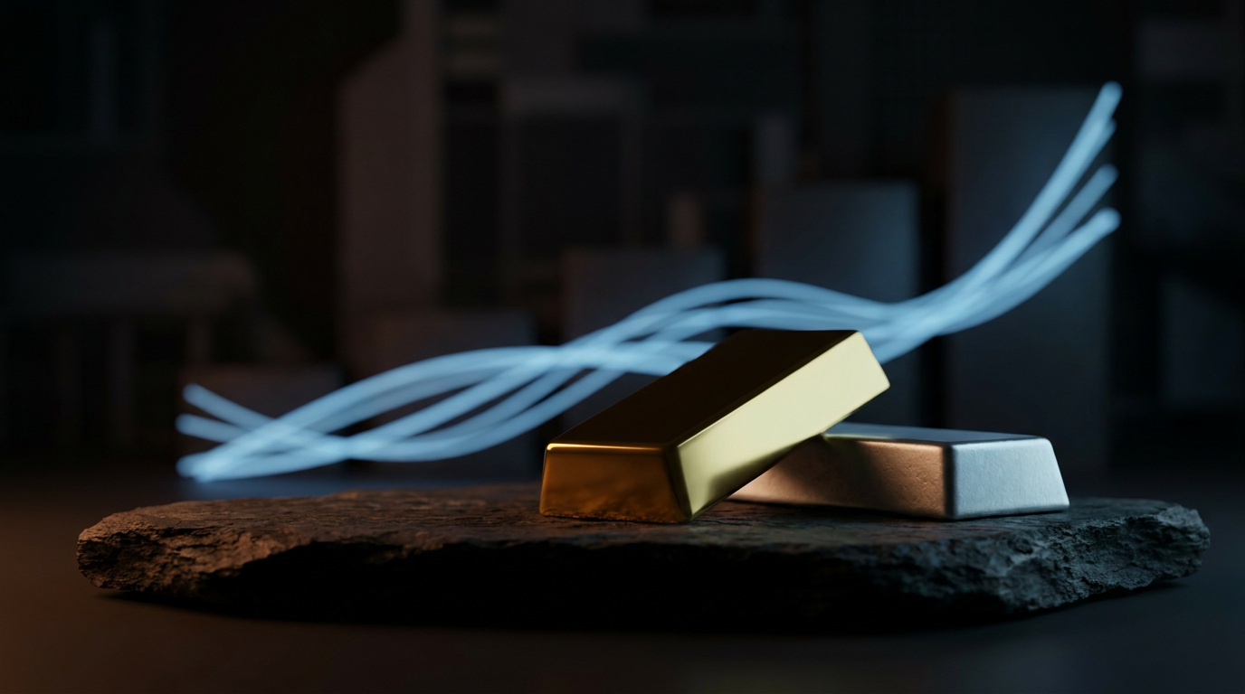 Gold- und Silberbarren vor einer abstrakten, aufsteigenden Zinskurve aus blauem Licht