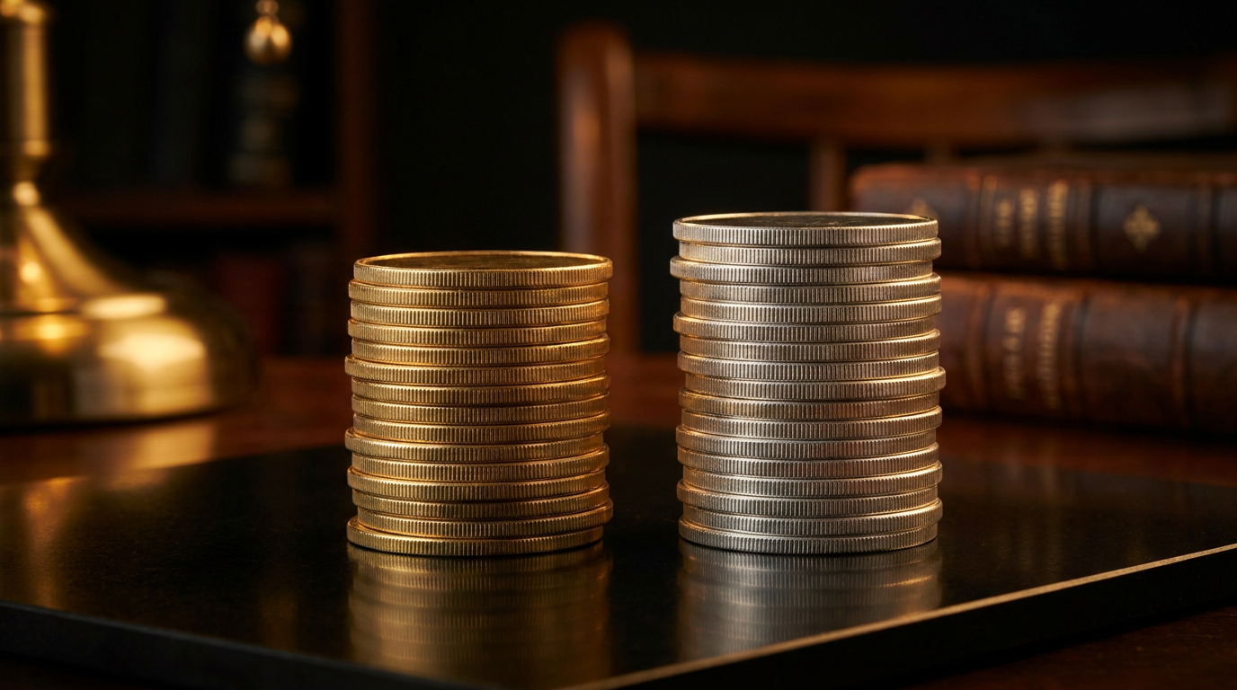 Gestapelte schlichte Anlagemünzen aus Gold und Silber auf dunklem Untergrund