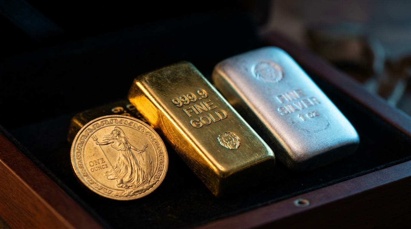 Goldbarren, Silberbarren und eine Goldmünze mit angedeuteter Feingehalts-Punzierung vor dunklem Hintergrund