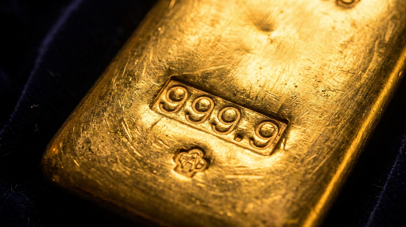 Makroaufnahme eines Goldbarrens mit eingeprägter Feingehalts-Punzierung und Feinheitsangabe