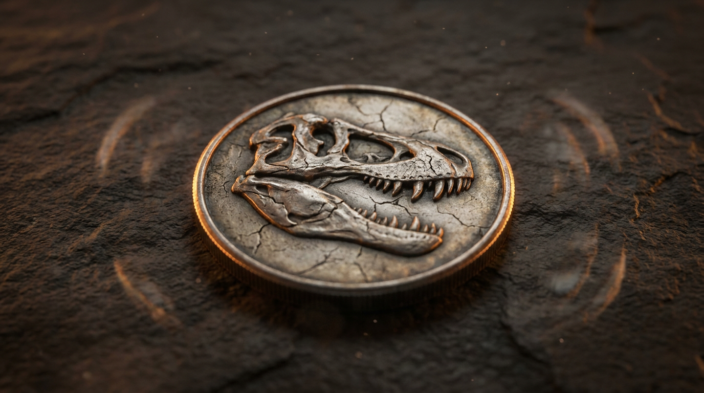 Nahaufnahme einer 1-Unze-Silbermünze mit plastisch geprägtem Tyrannosaurus-Rex-Schädel auf dunklem Schiefer