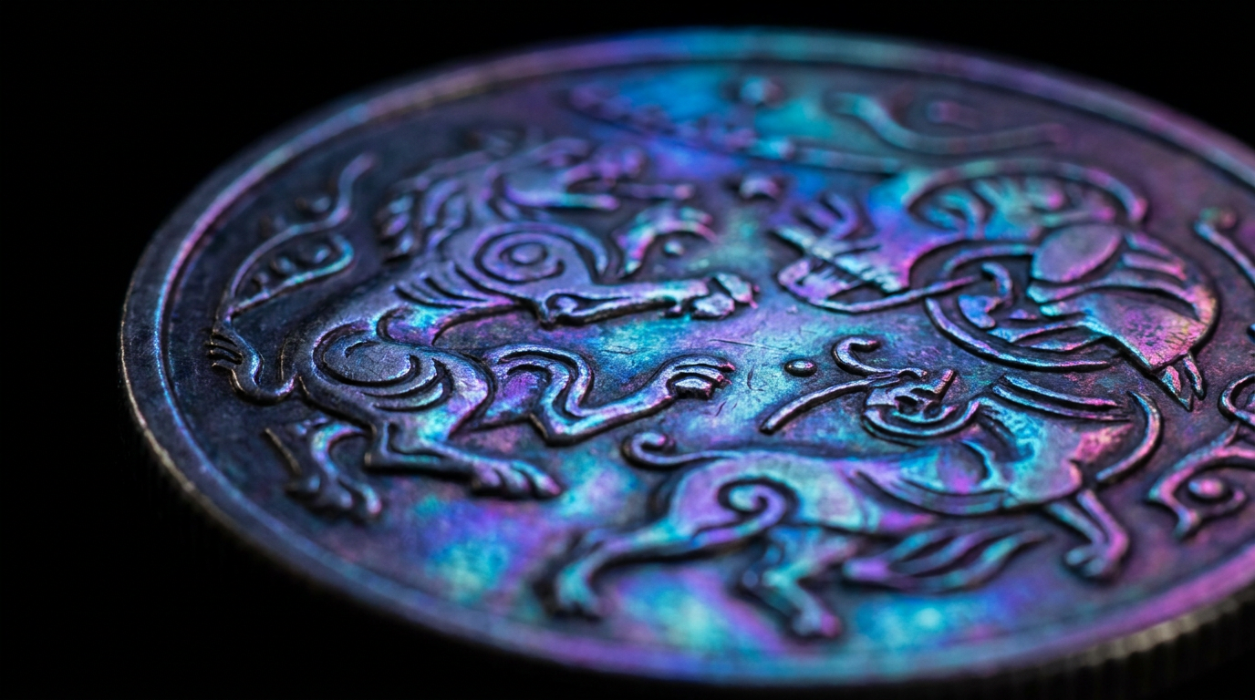 Nahaufnahme einer Silbermünze mit changierendem Hologramm-Effekt in Blau, Violett und Türkis vor dunklem Grund