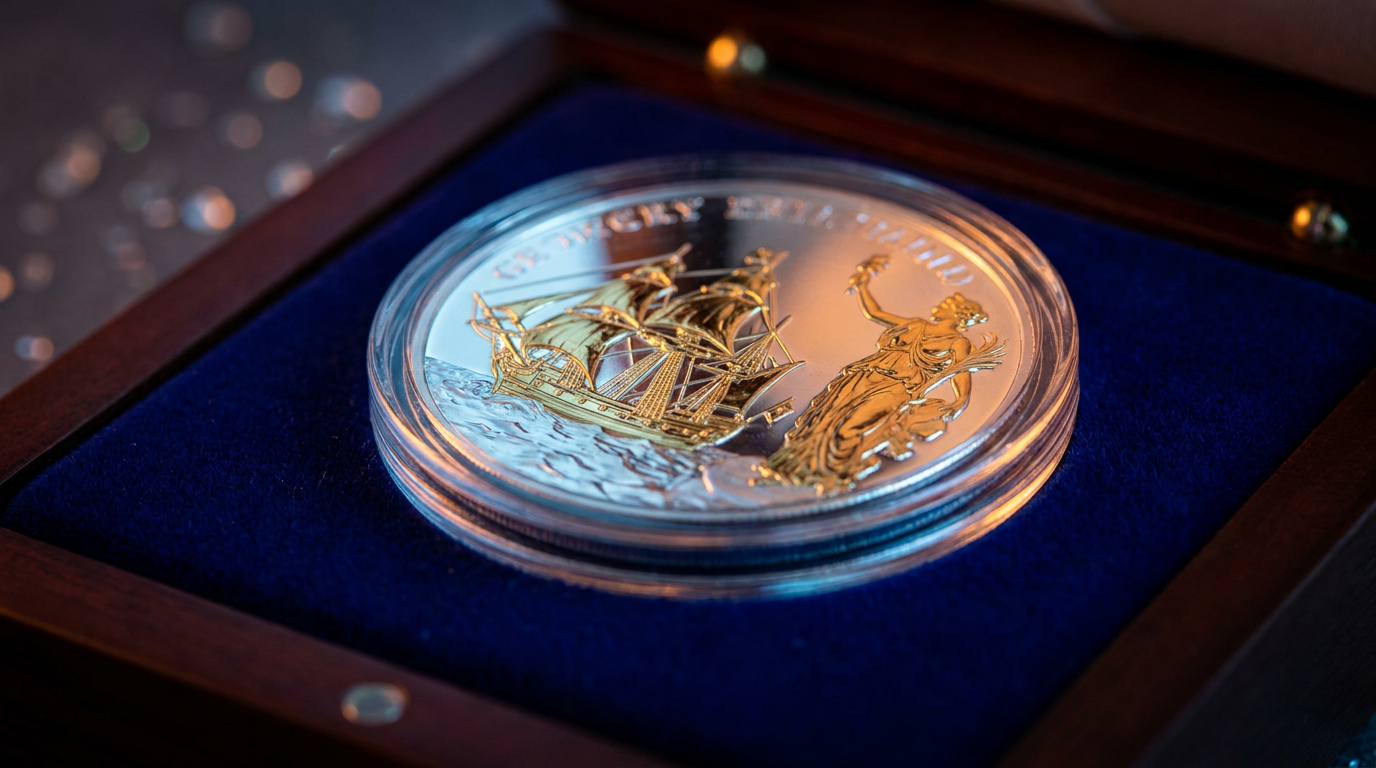 Teilvergoldete Silbermünze in einer Schutzkapsel auf dunklem Samt, warme Goldakzente auf kühlem Silber