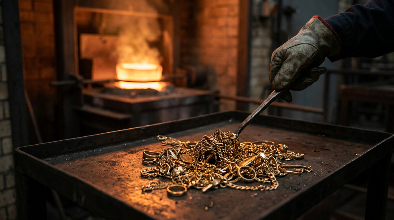 Altgold und Schmuck werden fuer das Recycling sortiert, im Hintergrund ein gluehender Schmelztiegel