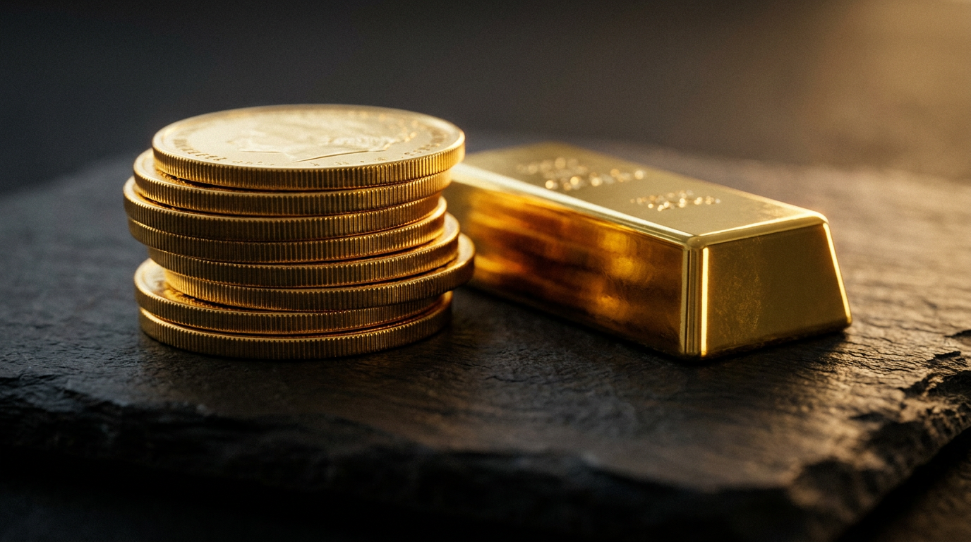 Gestapelte physische Goldmuenzen und ein Goldbarren auf dunklem Untergrund