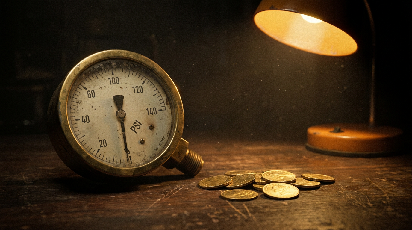 Historisches Stillleben mit einem Druckmanometer und gestapelten Goldmünzen in warmem Licht als Anspielung auf die 1970er Jahre