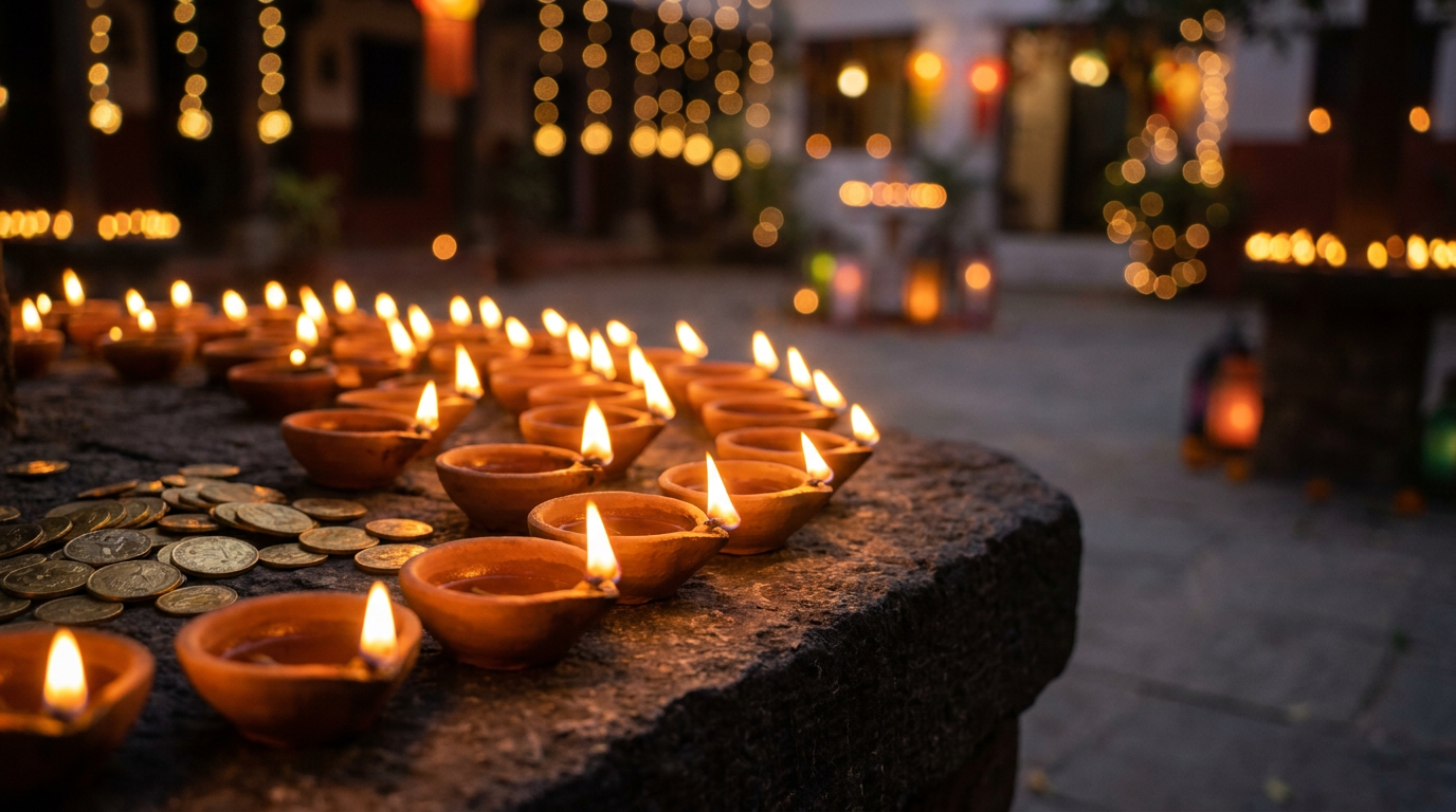 Diwali-Öllampen mit einigen Goldmünzen als Symbol für das festliche Goldkauf-Ritual in Indien