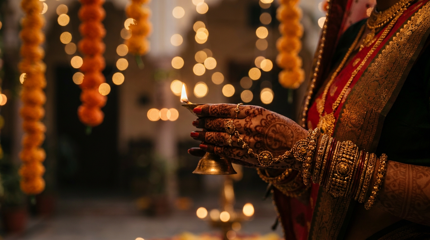 Mit Goldschmuck und Henna verzierte Hände einer Braut während der indischen Hochzeitssaison