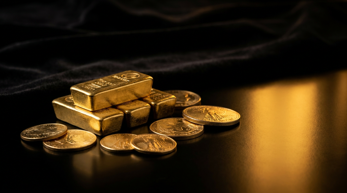 Kleine Goldbarren und Anlagemünzen gestapelt auf dunkler Fläche in warmem Licht