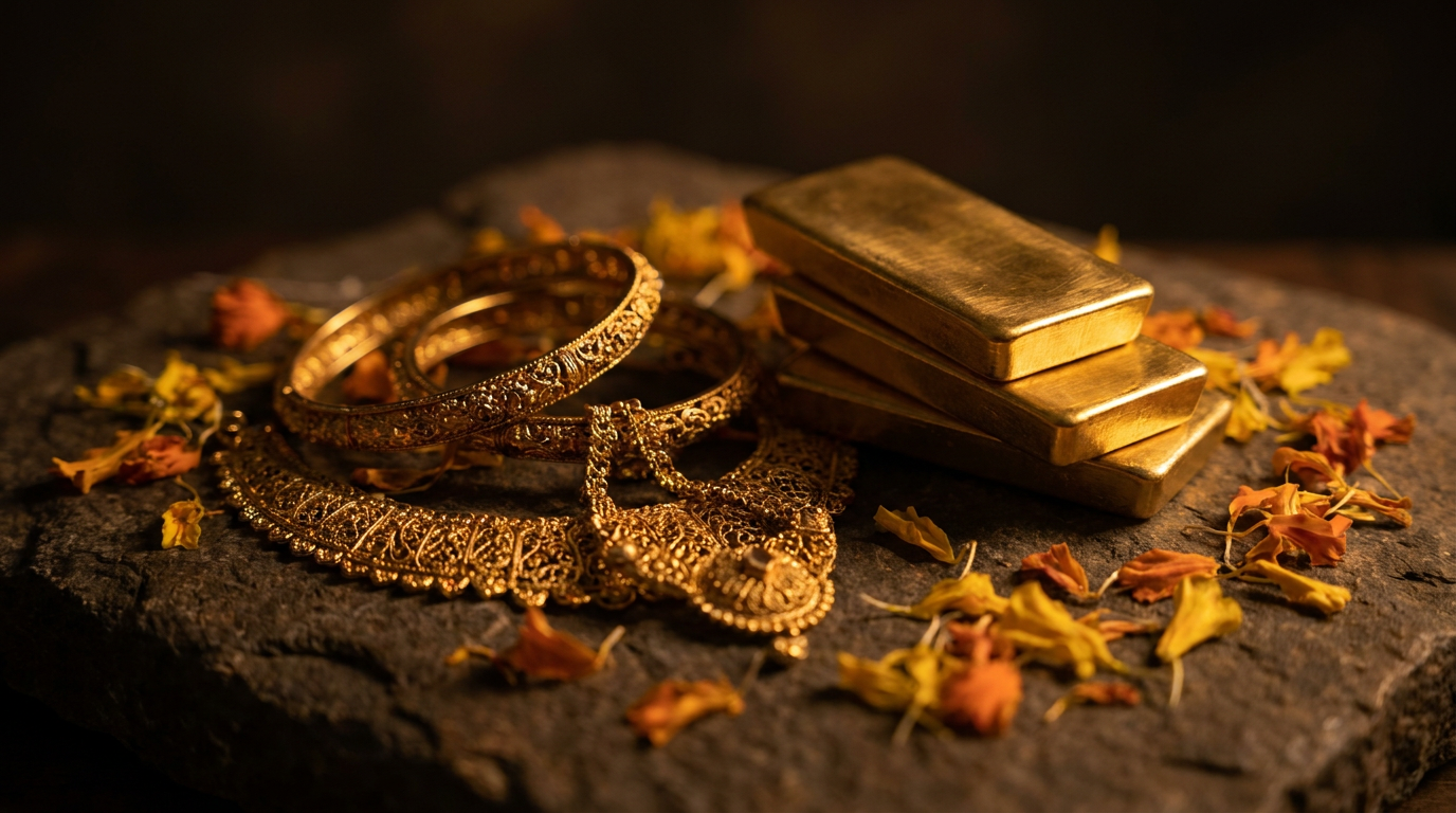 Traditioneller indischer Goldschmuck und Goldbarren in warmem Licht vor dunklem Hintergrund