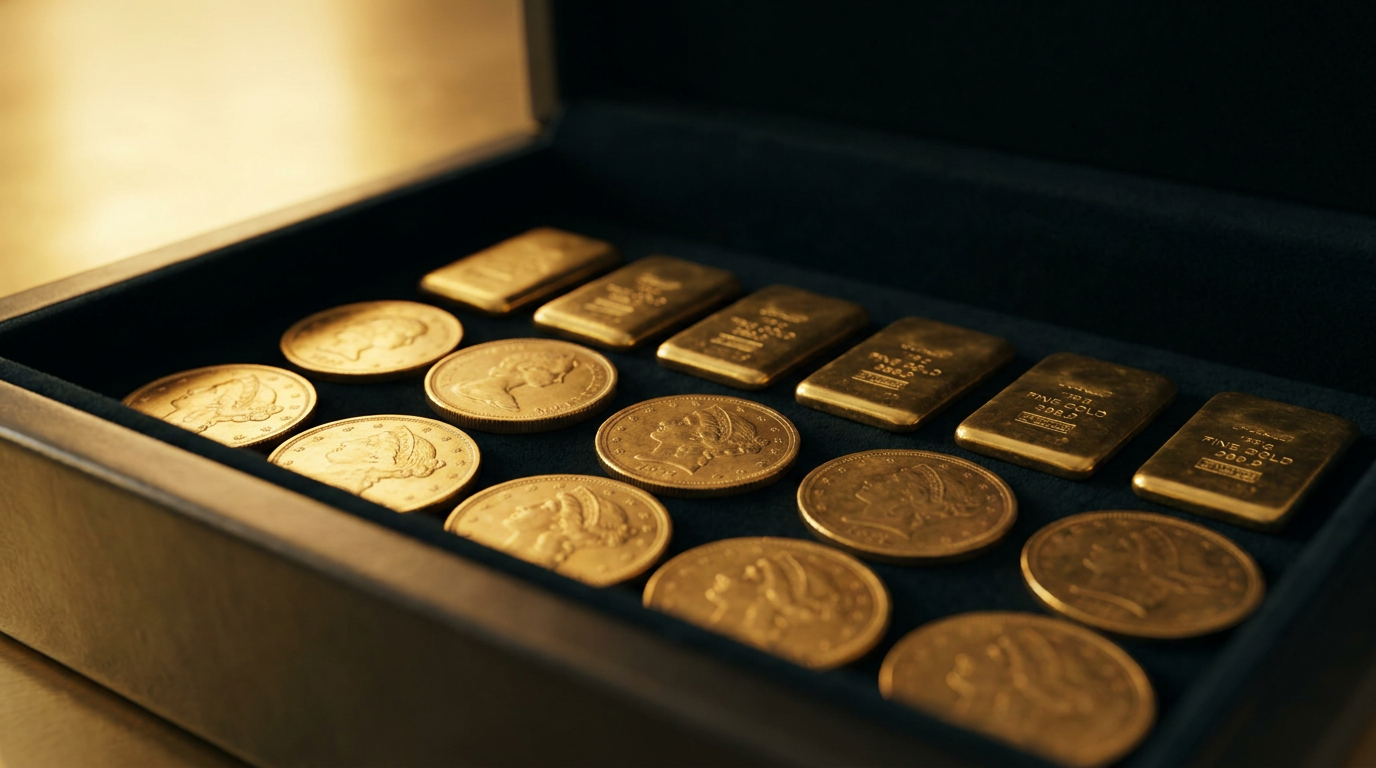 Physische Goldmünzen und Goldbarren in einem Tresorfach als Symbol für den direkten Eigenbesitz
