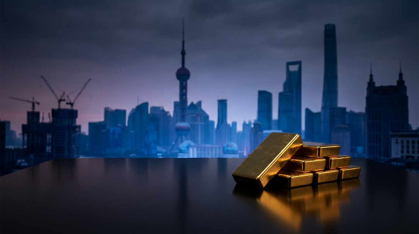 Goldbarren vor einer abstrakten asiatischen Skyline im dunklen Mood-Lighting als Sinnbild fuer die Ost-West-Verschiebung im Goldhandel