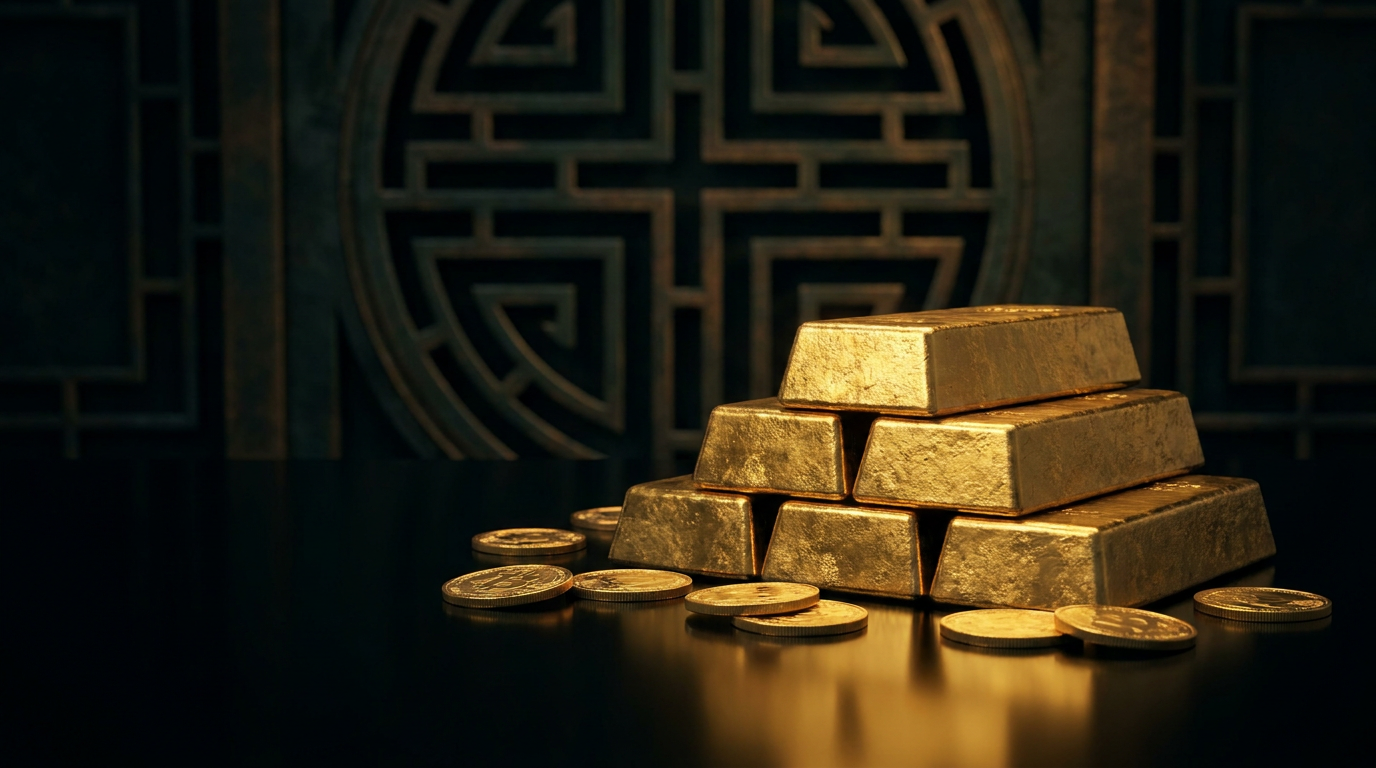 Gestapelte physische Goldbarren und Goldmuenzen im warmen Licht als Sinnbild fuer physische Nachfrage und lokale Aufgelder in Asien