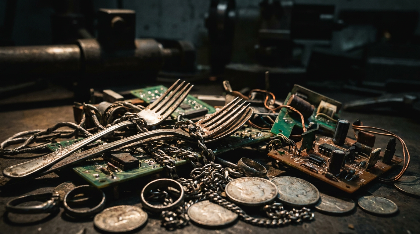 Altes Tafelsilber, Schmuck, Münzen und Elektronikplatinen als Sinnbild für Silber-Recycling