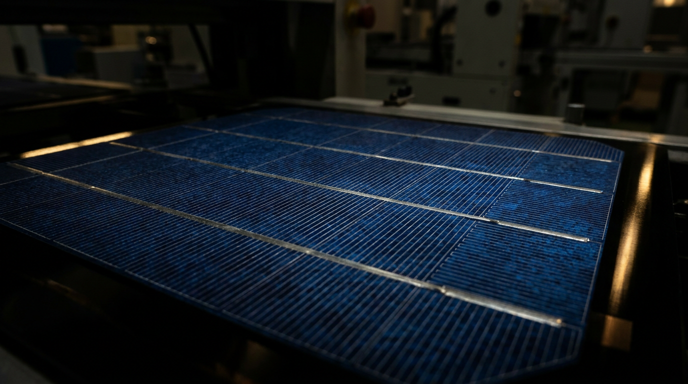Makroaufnahme der dünnen Silberkontakte auf einer Solarzelle