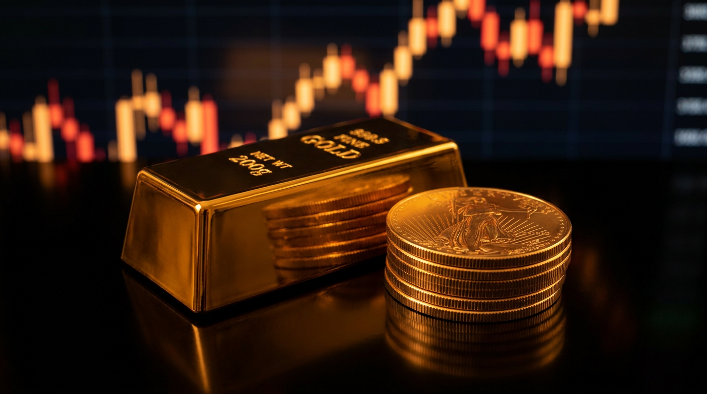 Goldbarren und Goldmünzen vor einem angedeuteten dunklen Kursverlauf