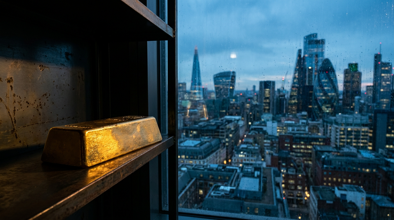 Grosser Good-Delivery-Goldbarren vor der Skyline der Londoner Finanzwelt