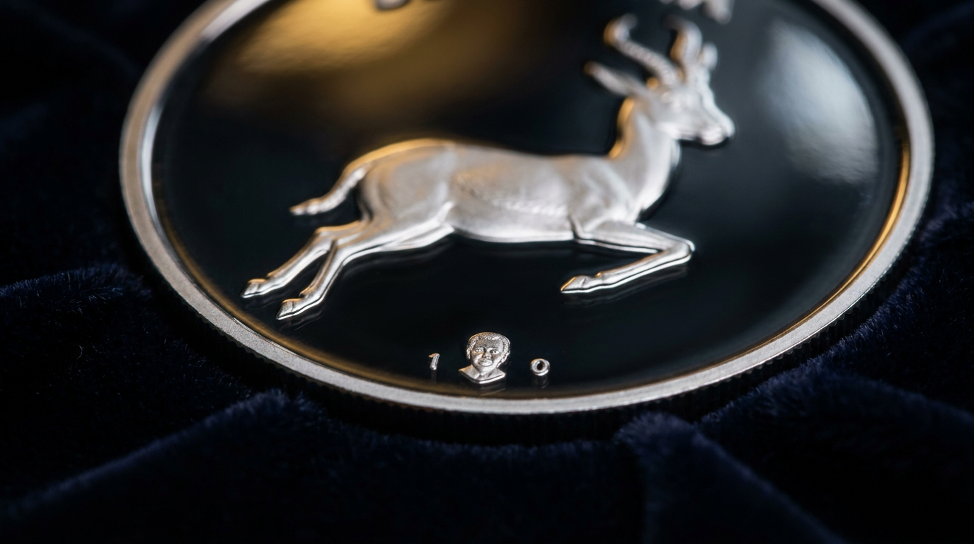 Polierte Silbermünze mit Springbock-Relief und winziger Privy Mark auf dunklem Samt