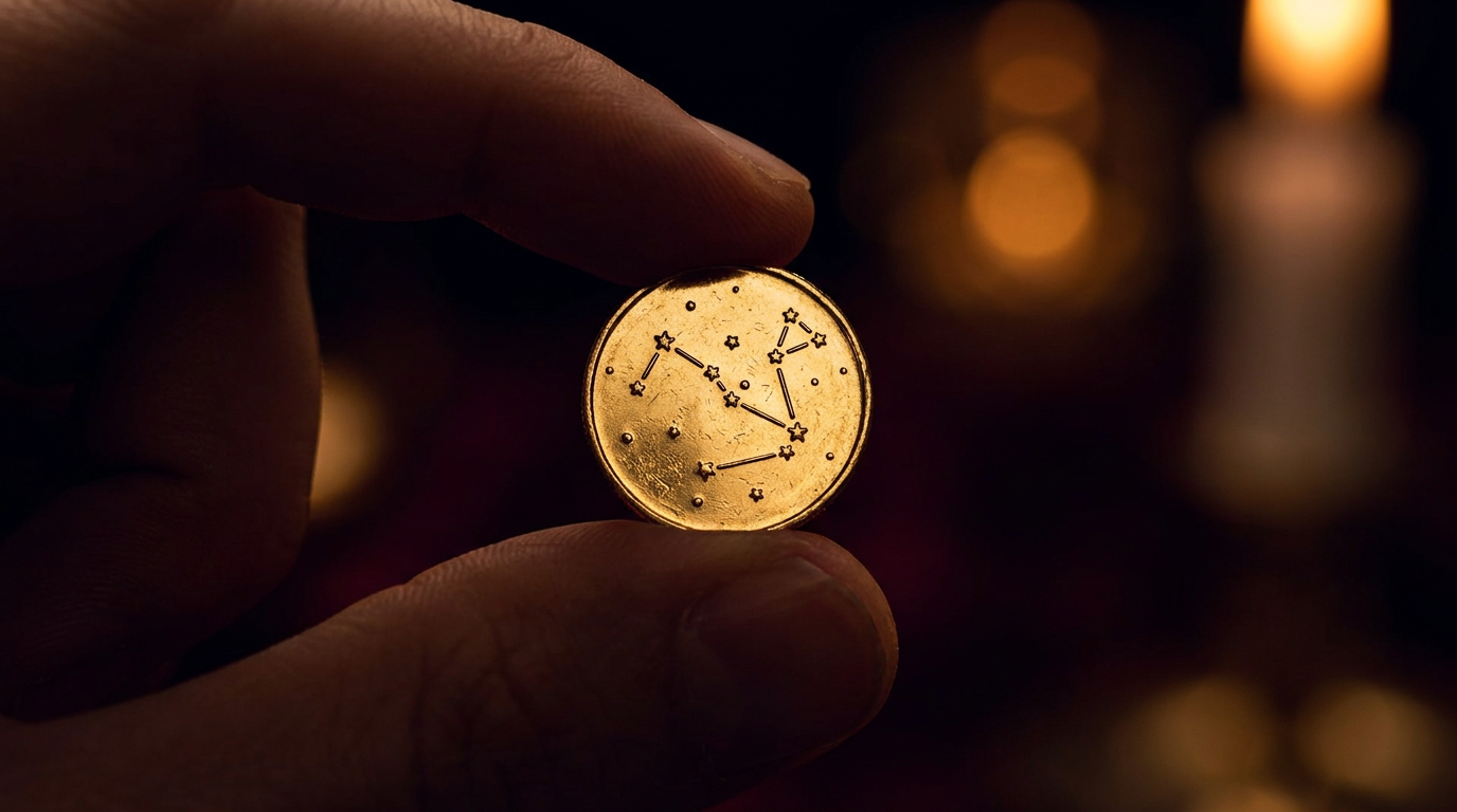 Einzelne Grammgold-Prägung mit Sternbild-Motiv zwischen den Fingern vor dunklem Hintergrund