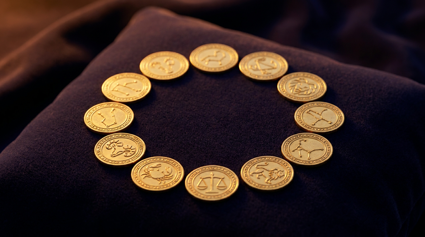 Zwölf kleine Grammgold-Prägungen mit Tierkreiszeichen-Motiven im Kreis auf dunklem Samt