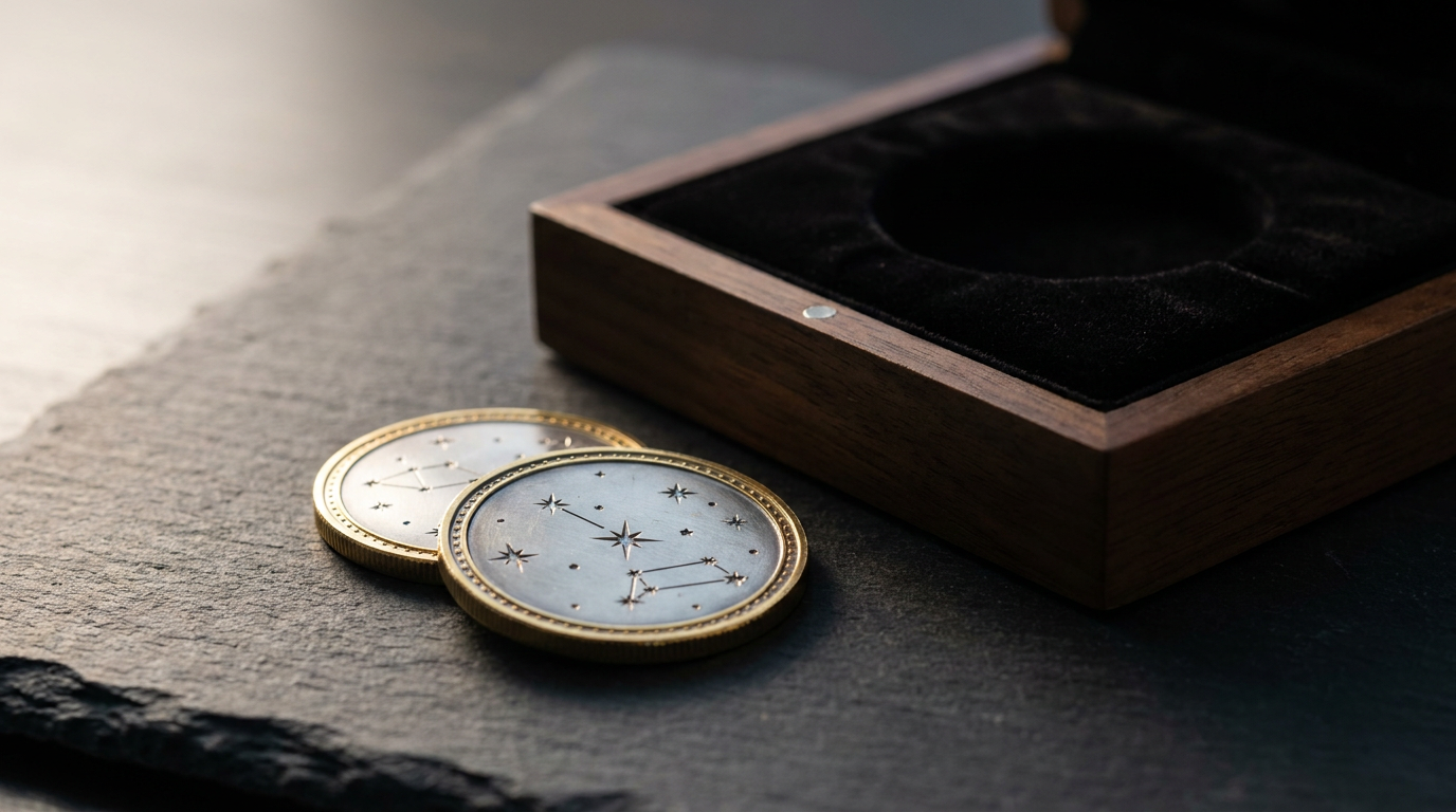 Teilvergoldete Silbermünzen mit Sternbild-Motiv neben einer edlen Geschenkbox auf dunklem Schiefer