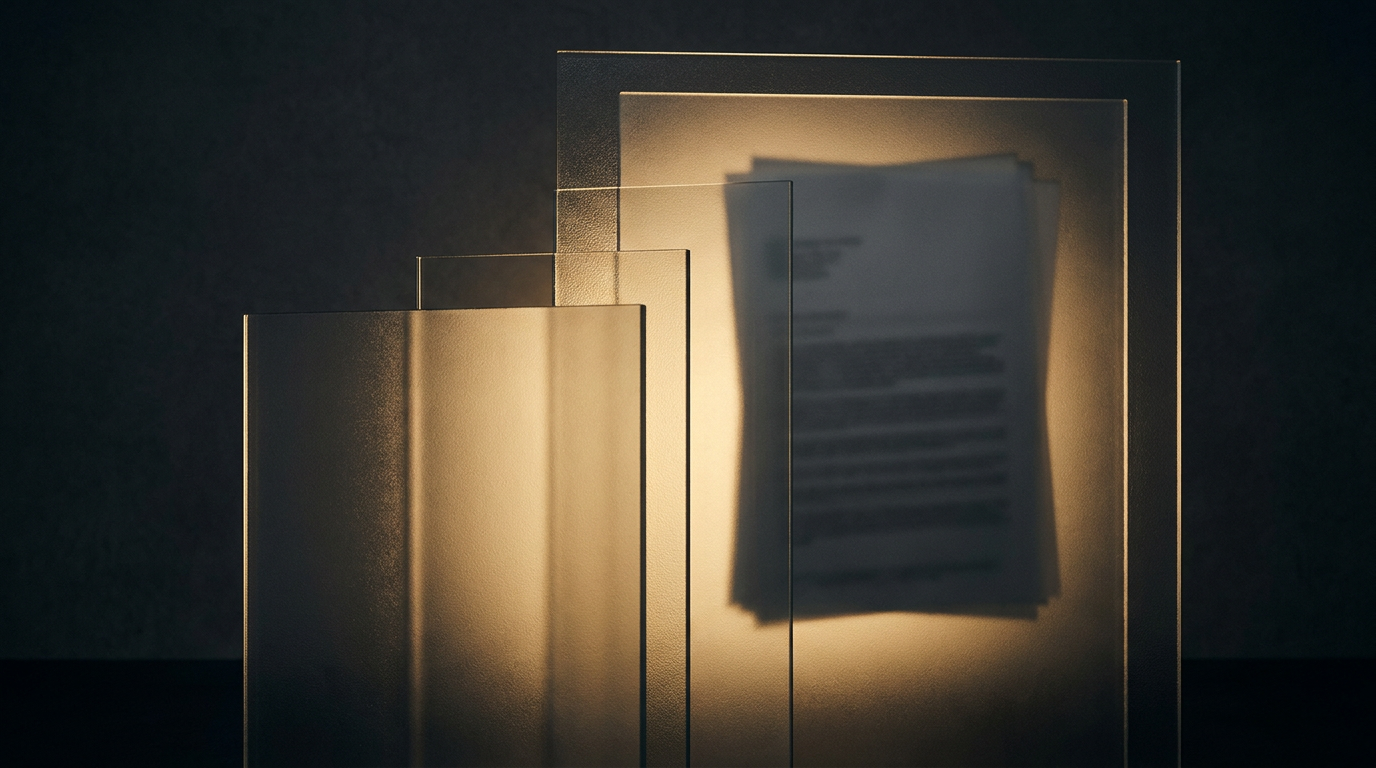 Abstrakte Darstellung von Transparenz durch Glasflächen mit goldenem Lichtdurchbruch