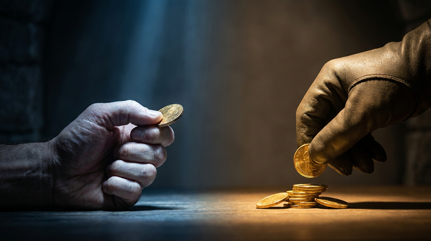 Kontrast zwischen einer nervös eine Goldmünze umklammernden Hand und einer ruhig Münzen stapelnden Hand