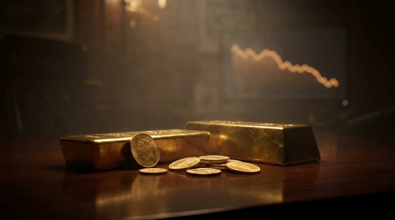 Goldbarren und Goldmünzen auf dunkler Fläche vor einem abwärts gerichteten Kurschart
