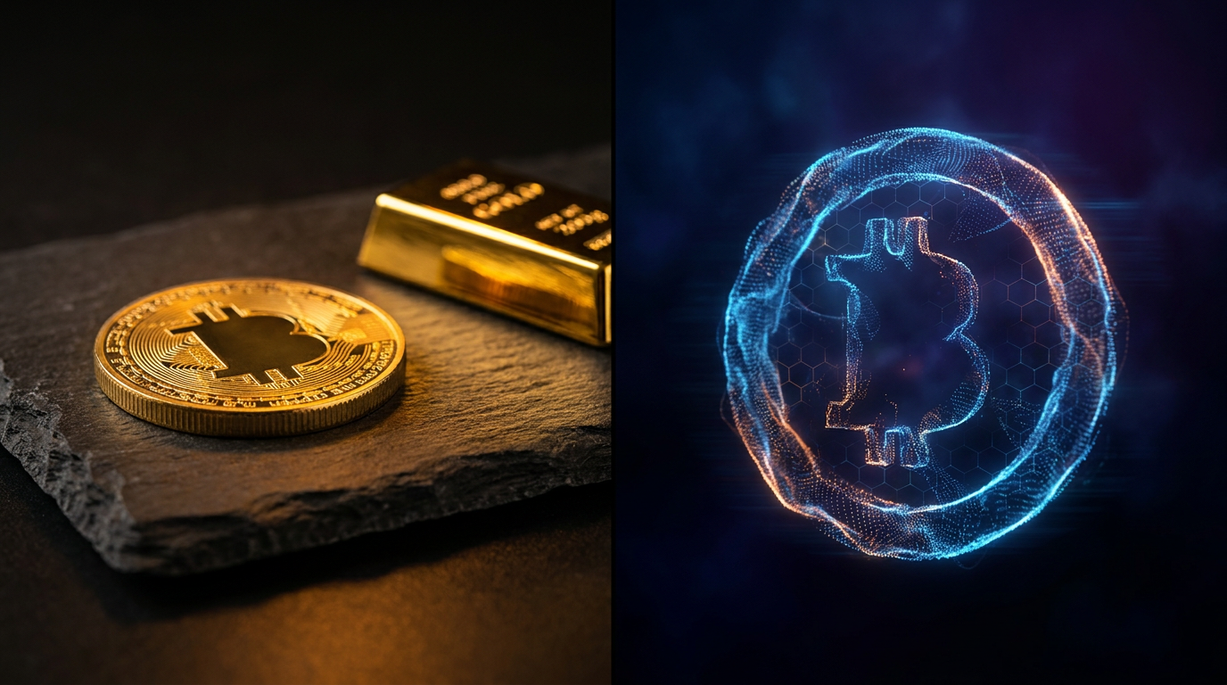 Physische Goldmünze und Goldbarren neben einer abstrakten digitalen Darstellung von Knappheit vor dunklem Hintergrund