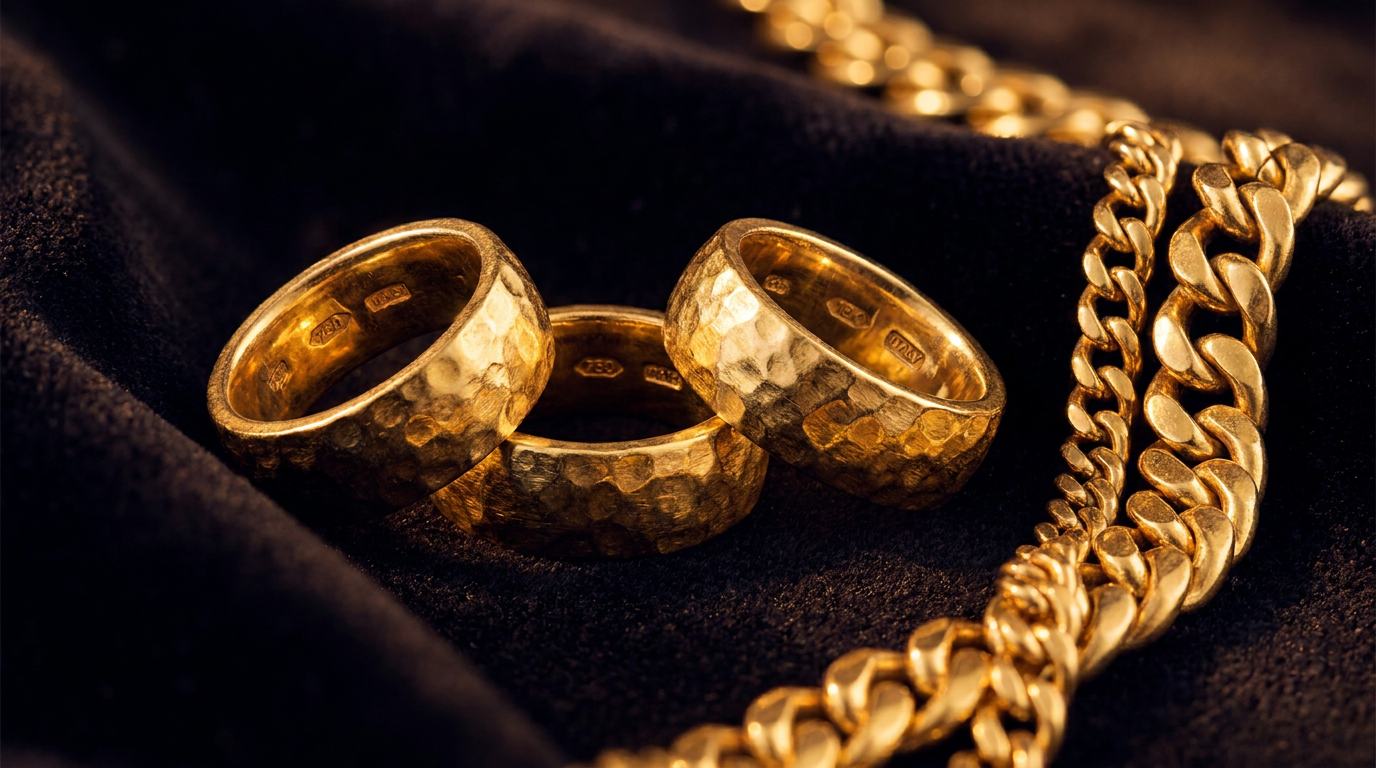 Nahaufnahme von Goldschmuck mit eingestempelten Feingehalt-Punzen auf dunklem Samt