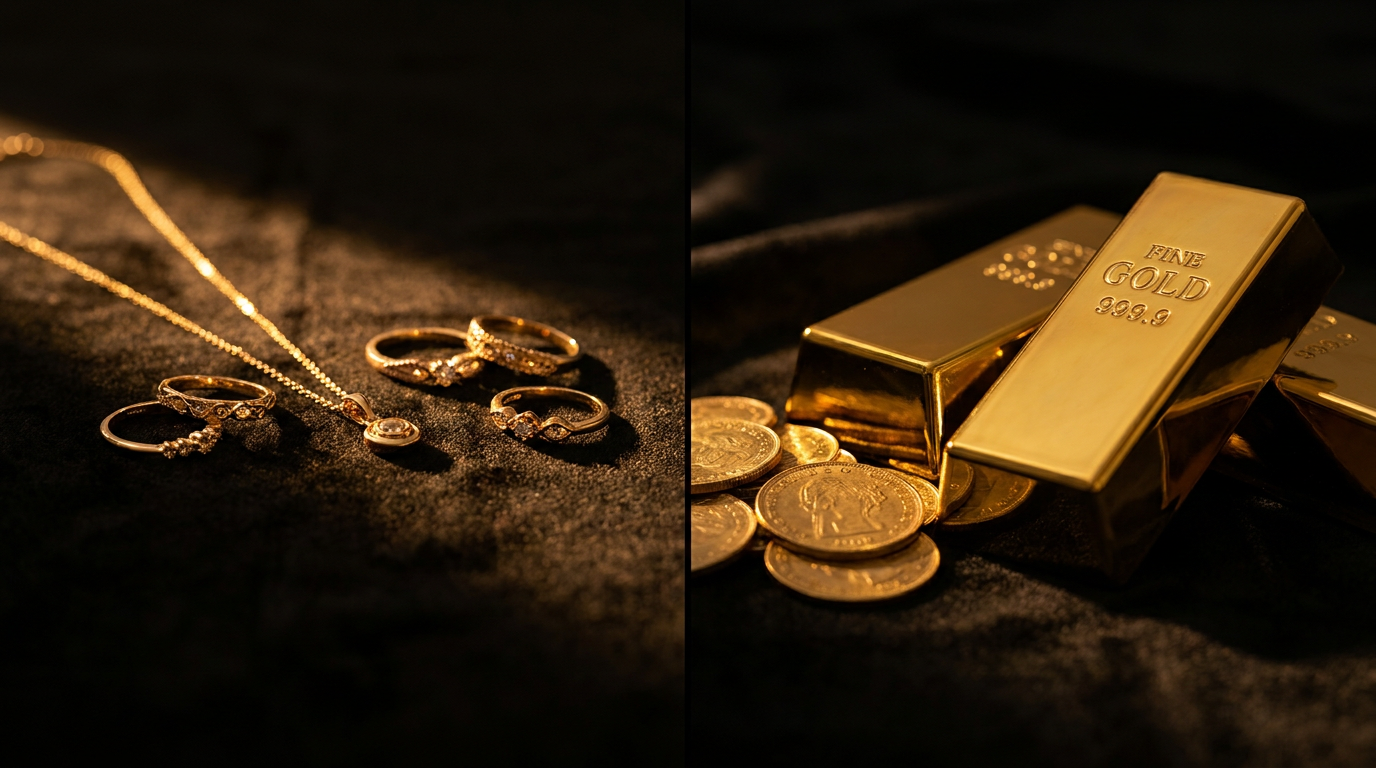 Goldschmuck und Goldbarren nebeneinander in warmem Licht als Gegenüberstellung