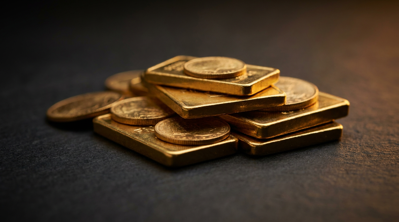 Gestapelte Goldbarren und Goldmünzen auf dunklem Untergrund im warmen Licht