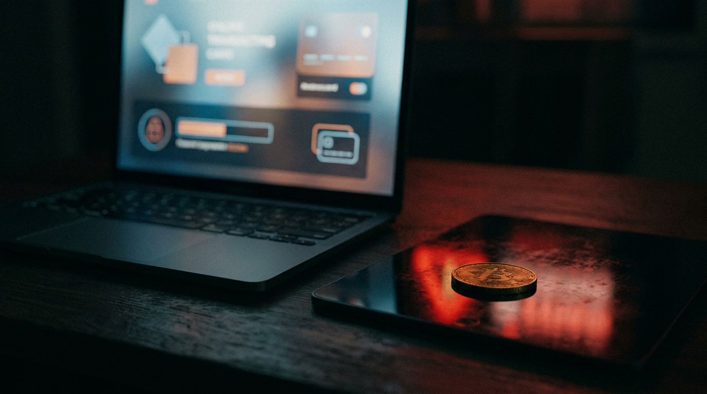 Laptop in dunklem Raum zeigt eine Online-Shop-Oberflaeche neben einer Goldmuenze als Sinnbild fuer Fakeshops