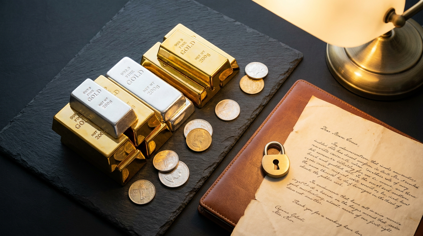 Gold- und Silberbarren mit einer Rechnung und einem Schloss-Symbol auf dunklem Schiefer als Sinnbild fuer sicheren Kauf