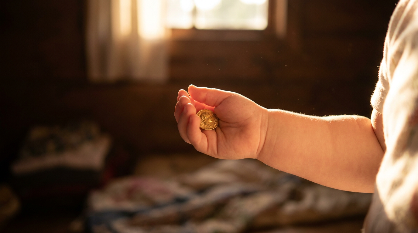 Kleine Kinderhand hält eine winzige Goldmünze vor warmem, dunklem Hintergrund