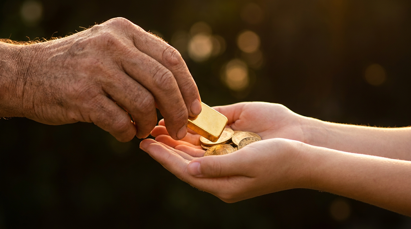 Ältere Hand übergibt einen kleinen Goldbarren und Goldmünzen an eine jüngere Hand vor dunklem Hintergrund