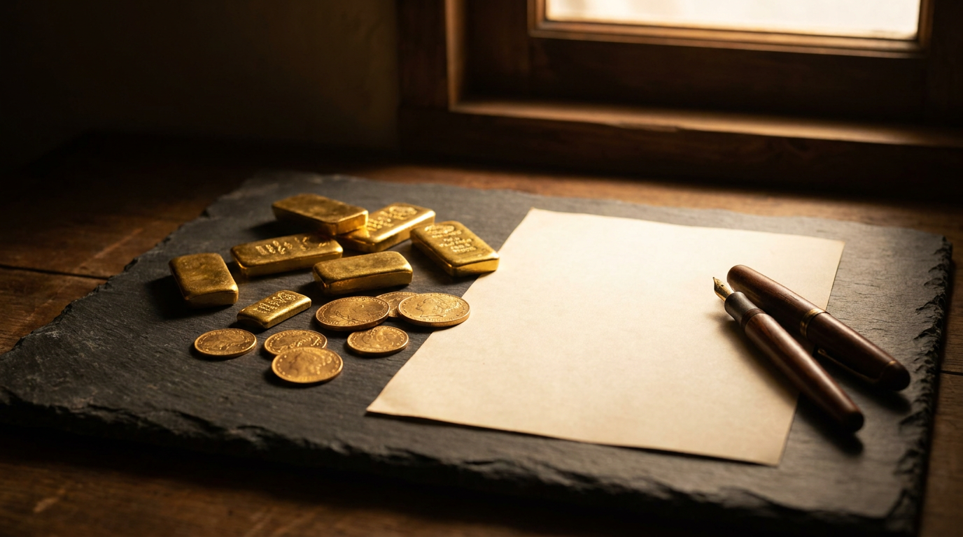 Kleine Goldbarren und Goldmünzen auf dunklem Schiefer neben einem Dokument und einem Füller