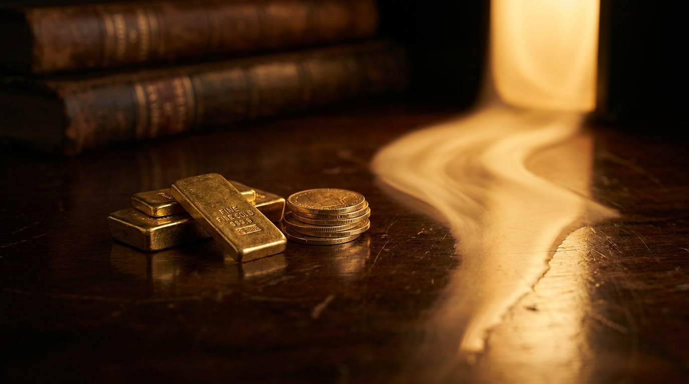 Goldbarren und Goldmünzen auf dunklem Untergrund als Sinnbild für die Beleihung statt Verkauf