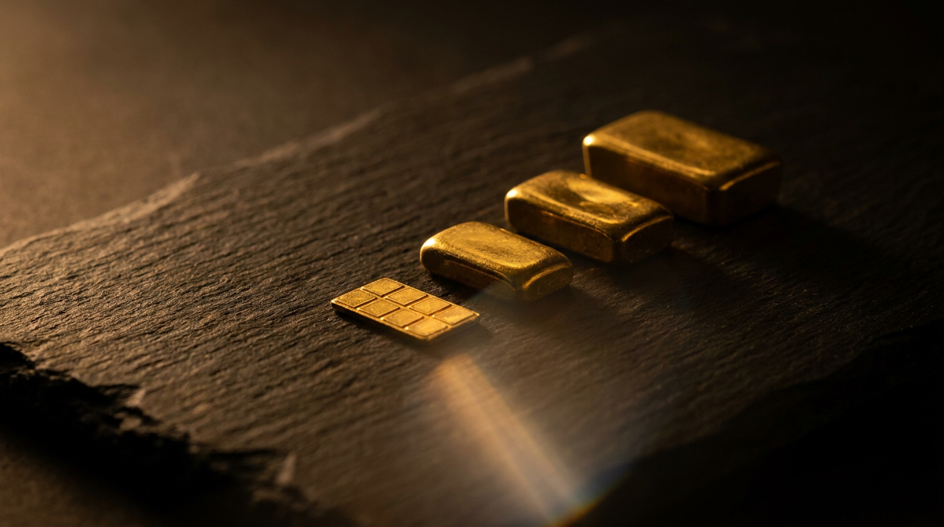 Goldbarren in verschiedenen Größen als Sinnbild für die Teilbarkeit physischen Goldes bei der Beleihung