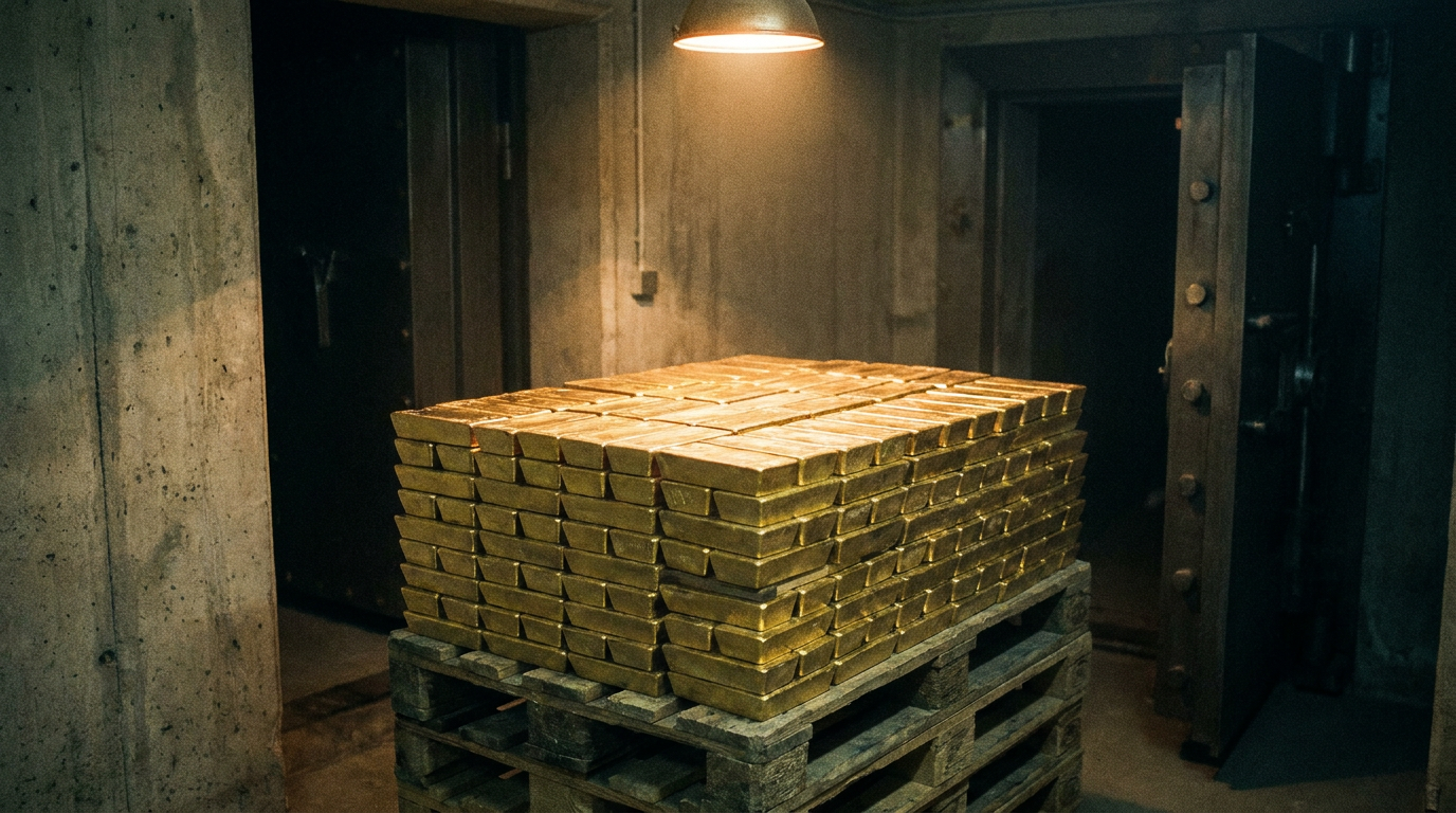 Paletten mit großen Good-Delivery-Goldbarren in einem Schweizer Hochsicherheitsbunker