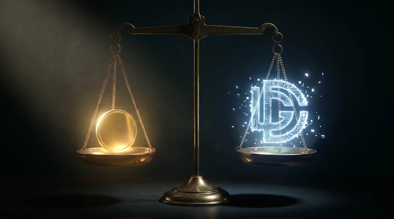 Eine Waage mit einer physischen Goldmünze auf der einen und einem digitalen Token aus Lichtmustern auf der anderen Seite