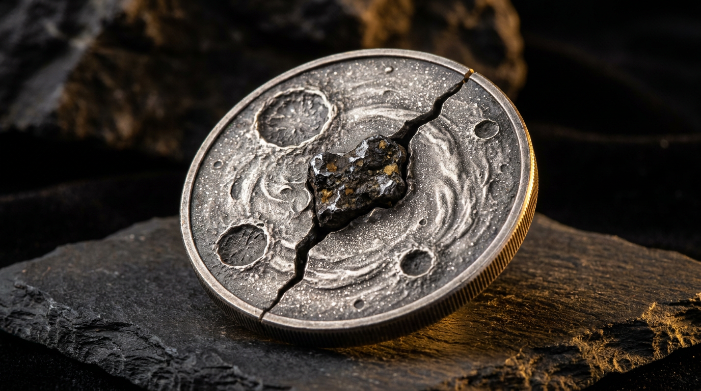 Silbermünze mit echtem Meteoritenfragment in einem Riss und tiefen Einschlagkratern