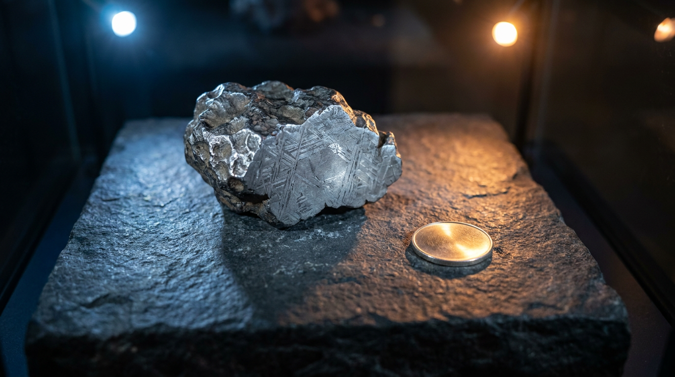Rohes Eisen-Meteoritenfragment mit Widmanstätten-Struktur neben einer polierten Silberronde