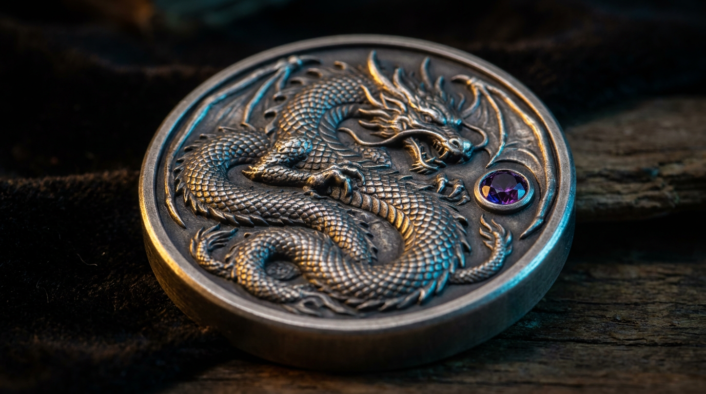 Drachen-Silbermünze in High Relief mit eingesetztem Amethyst vor dunklem Hintergrund
